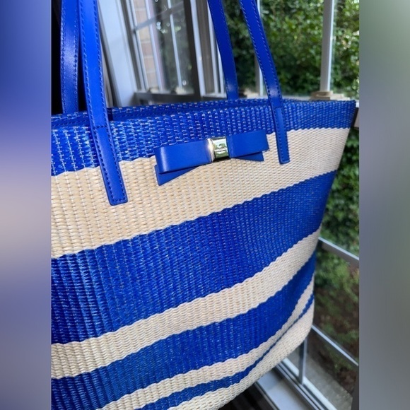 Kate Spade Blue White Striped Straw Wicklow‎ Court Anabette Large Tote Bag Purse - Picture 3 of 11